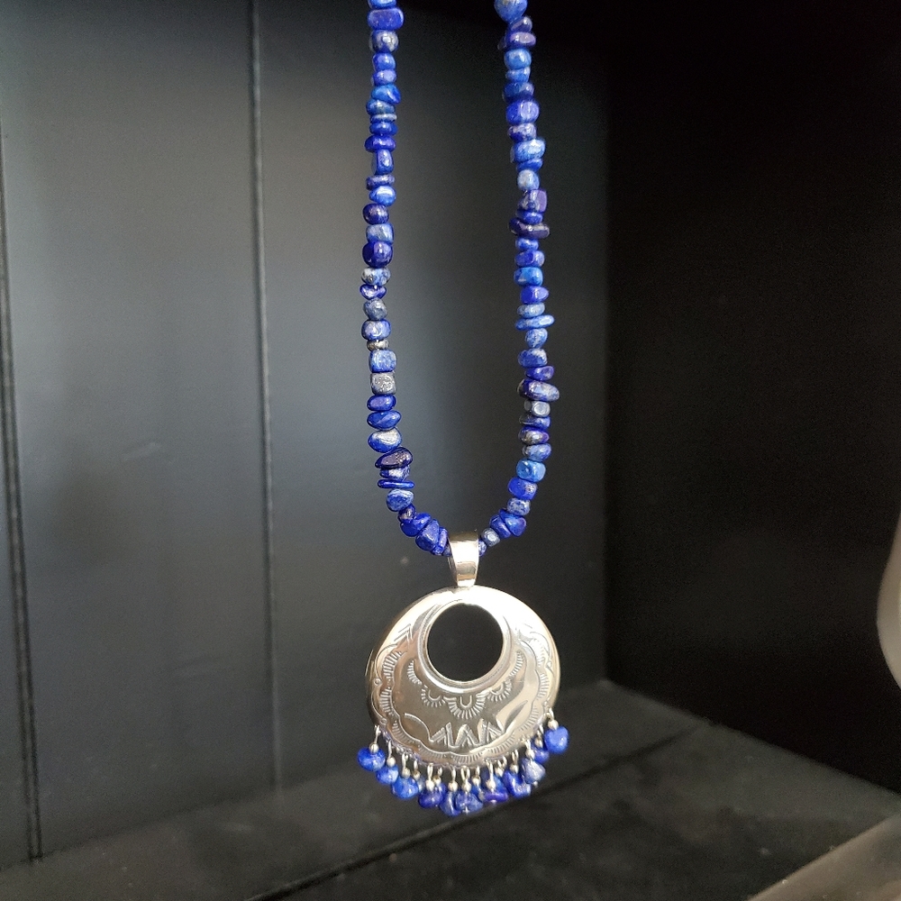 Sterling Silver Lapis Lazuli Gemstone Bead Necklace QT